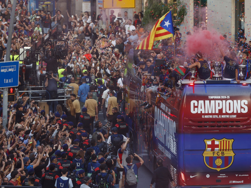 FC Barcelona players during Friday's celebration of winning the national treble (Spanish Super Cup, Copa del Rey, and La Liga).